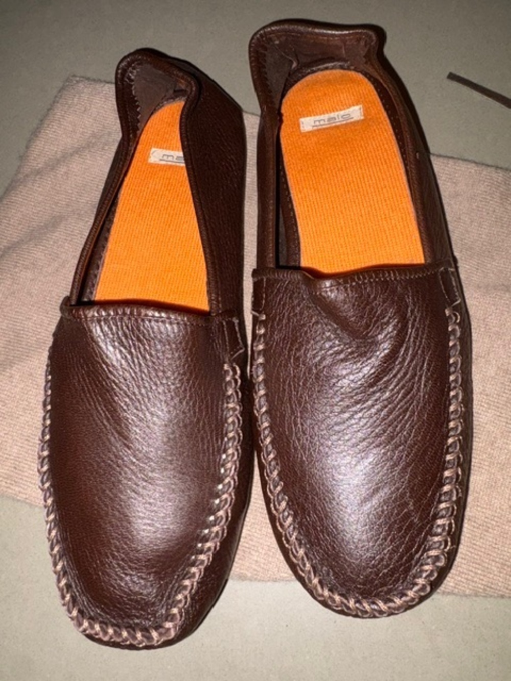 MALO Women’s Brown Leather, Orange Cashmere lined travel slippers